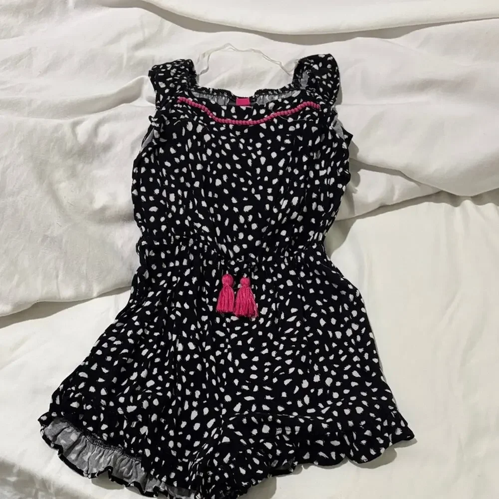 Vince Camuto 6x Stylish Black White Kids Romper hot pink waist bow accent nwot